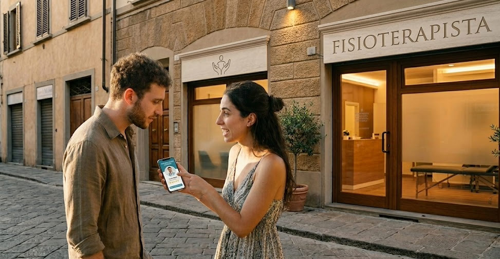 Due pazienti che cercano un fisioterapista su smartphone davanti a uno studio di fisioterapia a Trento