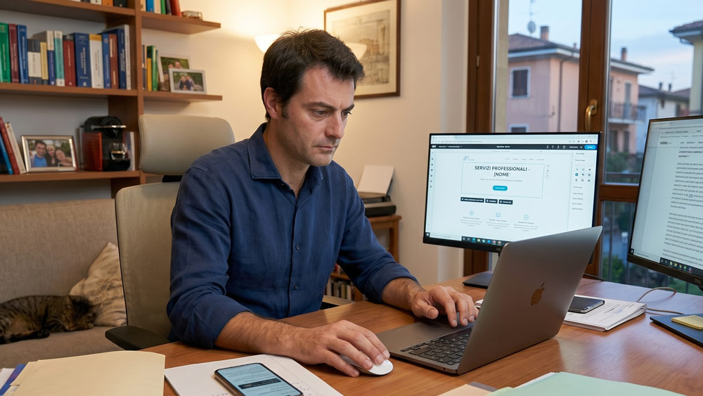 Libero professionista che tenta di creare il proprio sito web fai da te su laptop