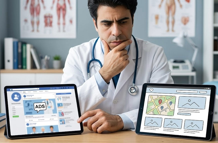 Libero professionista sanitario che pianifica il budget tra sito web e campagne pubblicitarie su laptop