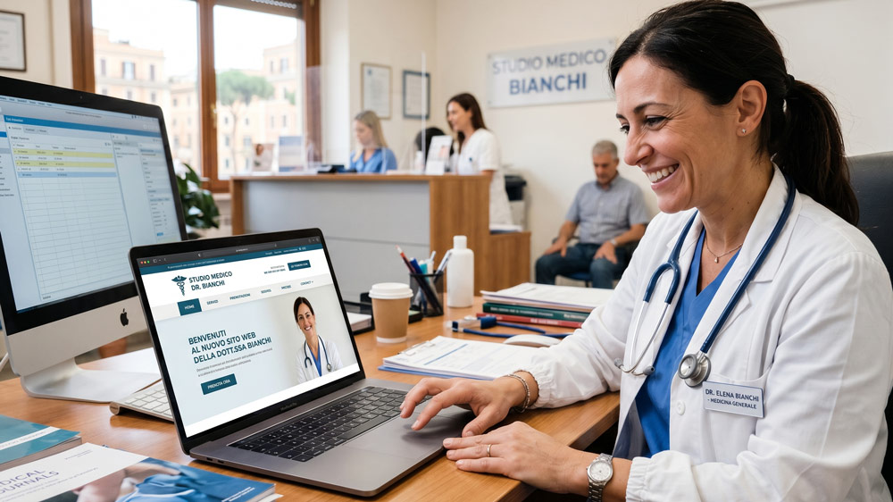 Professionista sanitaria visualizza il suo nuovo sito web professionale su laptop