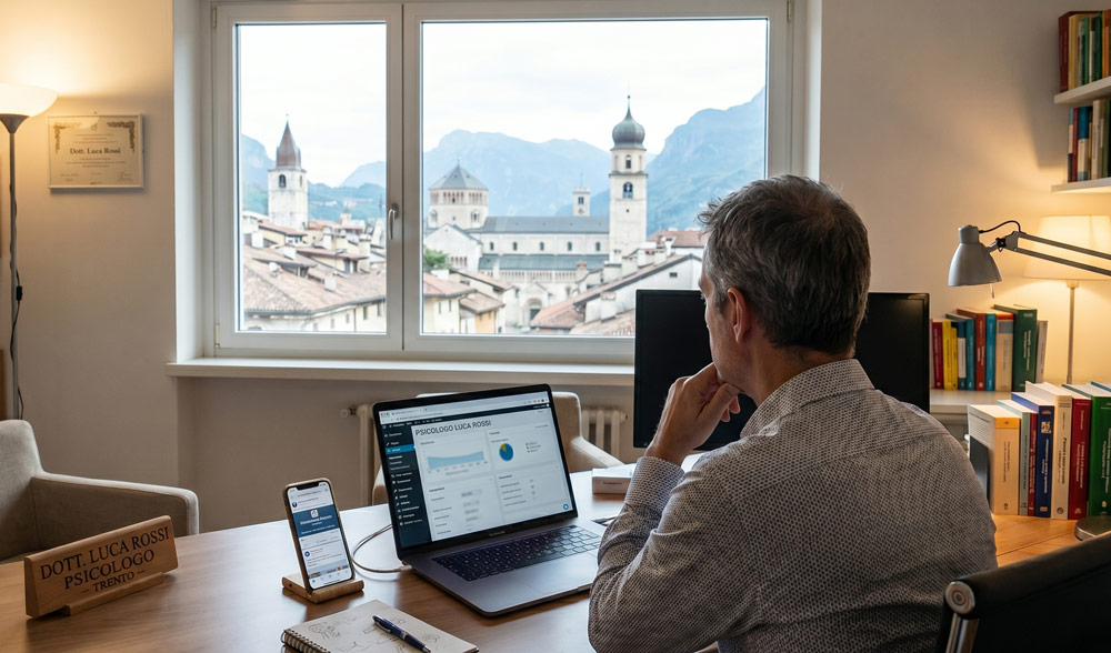 Psicologo che riflette sulla propria visibilità online seduto alla scrivania del suo studio a Trento